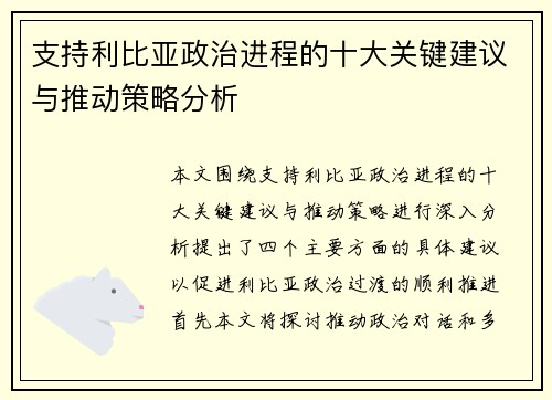 支持利比亚政治进程的十大关键建议与推动策略分析
