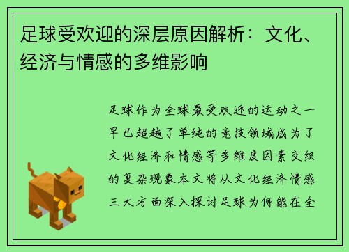 足球受欢迎的深层原因解析：文化、经济与情感的多维影响